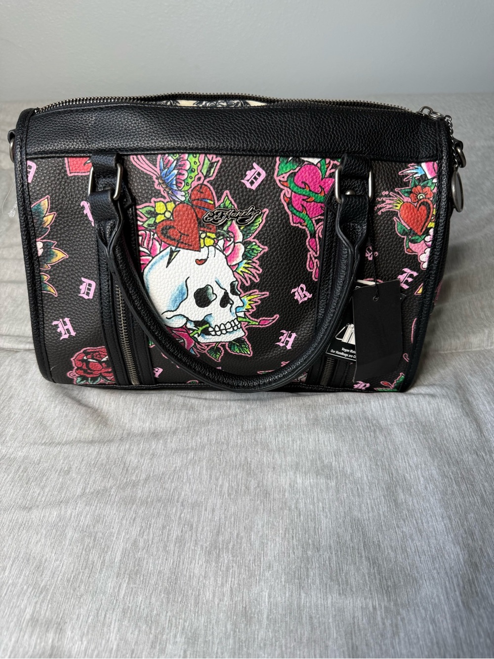 Ed Hardy Black Satchel with Pink & Green Skull Floral Artwork